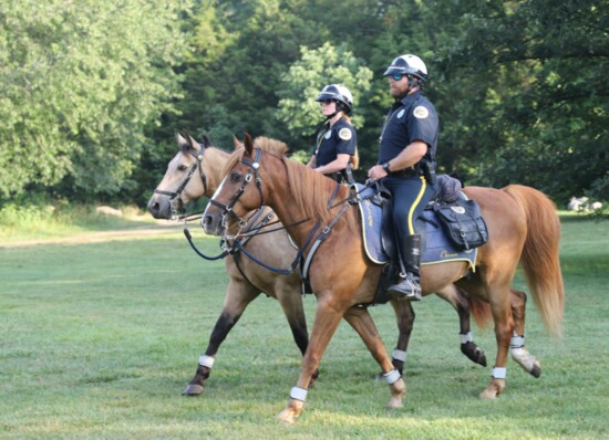 Officer Tim Edwards (foreground) and his partner, Chisum, along with Officer Amanda Martin and her partner, Orozco, on patrol in Edwin Warner Park.
