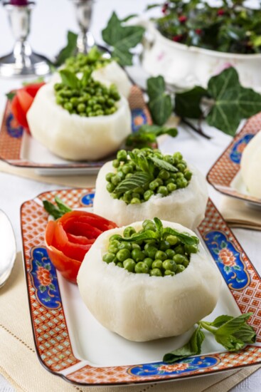 Peas served in turnip cups.