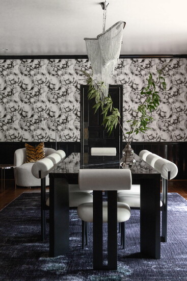 “Black and White Cumulus” wallpaper by Nashville artist Angela Simeone makes a bold statement.