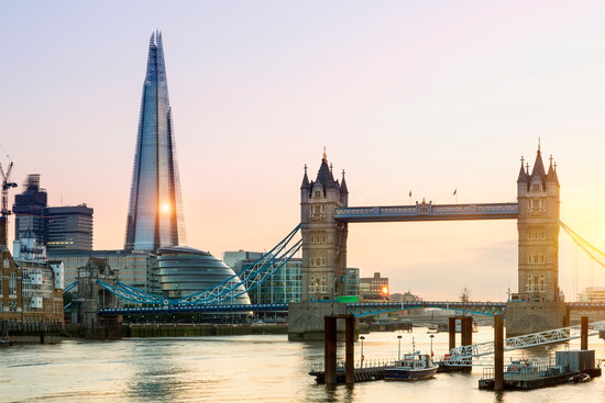 The Shard, Tower Bridge, and The City of London from the Thames.