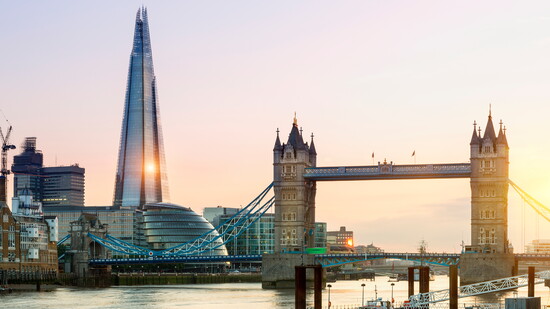 The Shard, Tower Bridge, and The City of London from the Thames.