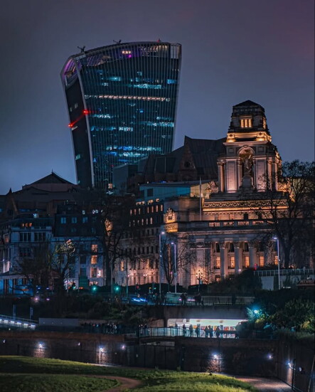A night shot of "The Walkie-Talkie."
