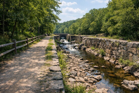 A peaceful view along the historic Patowmack Canal, championed by George Washington in the late 18th century.