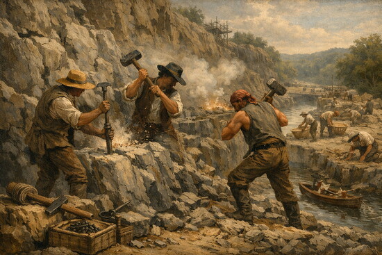 Laborers using black powder, chisels, and sledgehammers to build the Potomac Canal's lock system.
