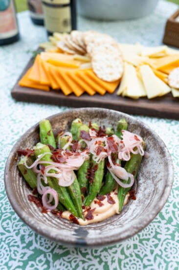 To Start: Wood Grilled okra with Tabasco aioli, crispy prosciutto and pickled shallots. 