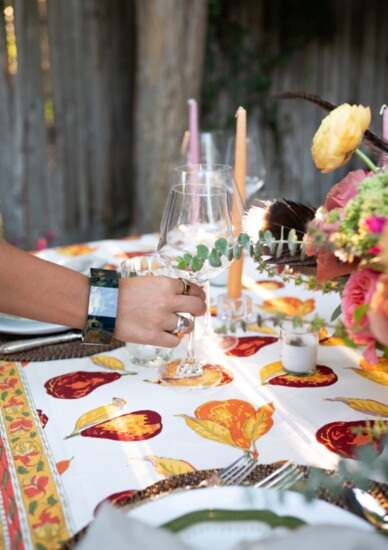 A tablecloth from Babcock Gifts set the scene for this fall table scape.