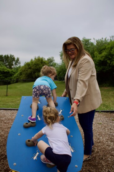 Amy Weinstein helping BECC Pre-school students on the Rockwall!