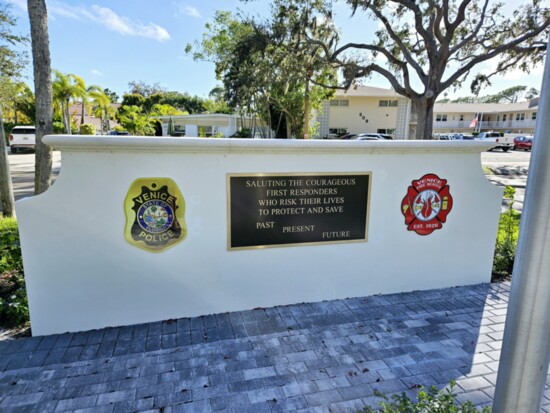 The First Responder Tribute’s back wall holds these plaques to honor the Venice Police and Venice Fire Rescue and all First Responders Past, Present & Future.