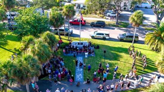 An aerial view of the Ribbon-Cutting Ceremony for The Tribute shows a great turnout from the community. 