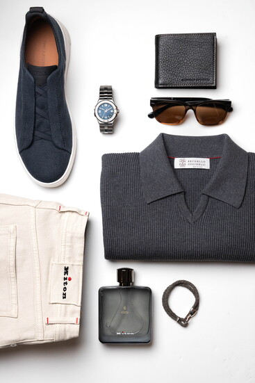 Items pictured from Taylor Richards & Conger: Shoe, Zenga Triple Stitch in Navy canvas, $990. Polo, Brunello Cucinelli, $1400. Wallet, Brunello Cucinelli, $550.