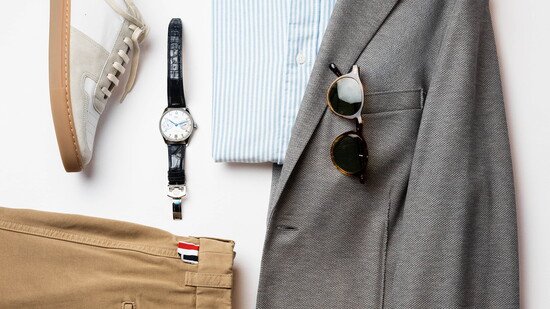 Items pictured from Tabor: Jacket, Harris Wharf Loro Piana Honeycomb Blazer, $750. Shirt, Gitman, $265. Shoe, Common Projects BBall, $610. Glasses, Oliver 