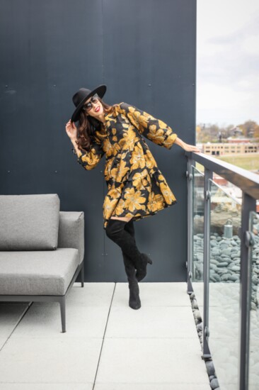 Clairvaux - dress, black wide brim hat, Georgina Herrera Jewelry, Eye Style - Balmain Sunglasses