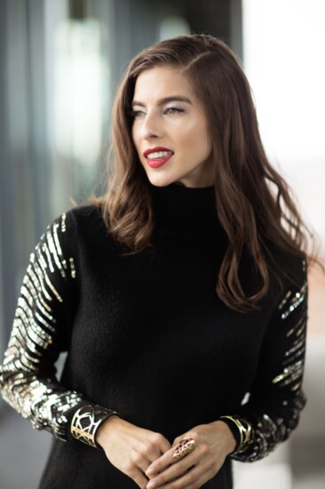 Coco Boutique - black sweater dress with sequin sleeve details, Georgina Herrera Jewelry