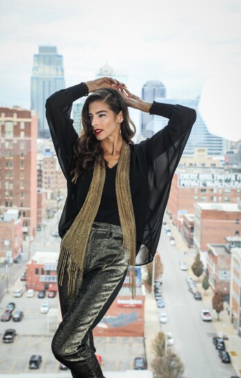 Clothing-Alysa Rene, Georgina Herrera Jewelry - gold chain link scarf, gold signature hoop earrings 