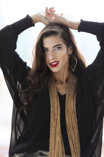 Clothing-Alysa Rene, Georgina Herrera Jewelry - gold chain link scarf, gold signature hoop earrings 