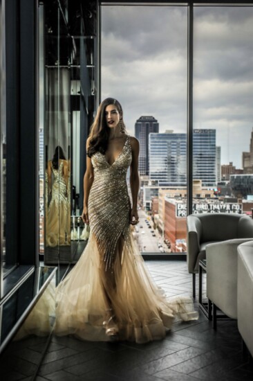 Gown Gallery - Jovani gold & silver beaded mermaid gown, Georgina Herrera Jewelry 