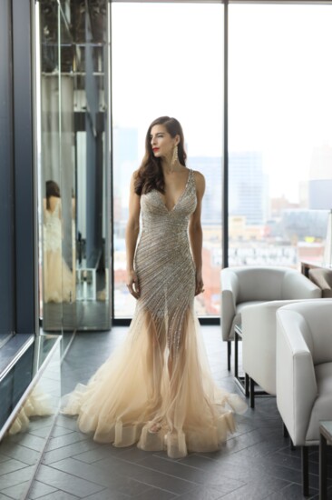 Gown Gallery - Jovani gold & silver beaded mermaid gown, Georgina Herrera Jewelry 