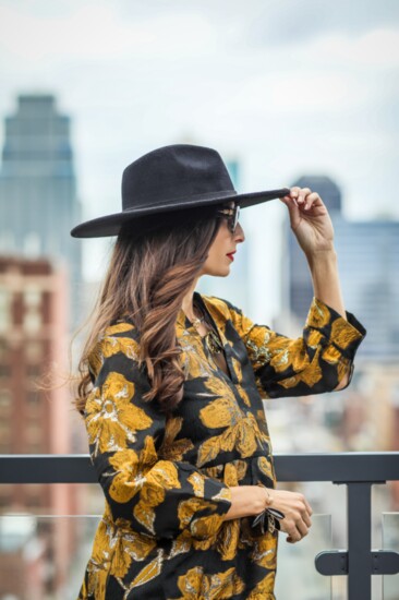 Clairvaux - dress, black wide brim hat, Georgina Herrera Jewelry, Eye Style - Balmain Sunglasses