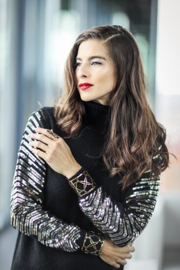 Coco Boutique - black sweater dress with sequin sleeve details, Georgina Herrera Jewelry