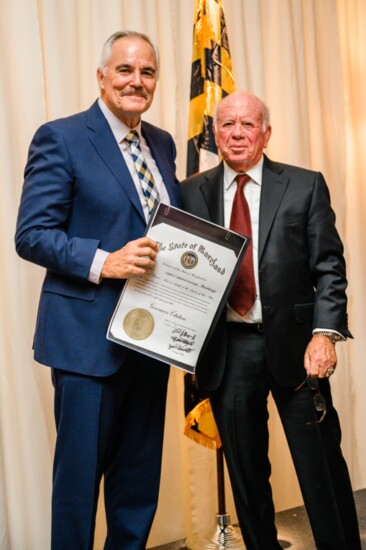 Former Montgomery County Police Chief J. Thomas Manger receiving a Governor's Citation from Montgomery County Police Foundation President Marvin Address.