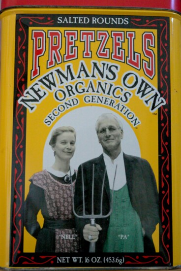 Newman's Own Organics pretzel tin.