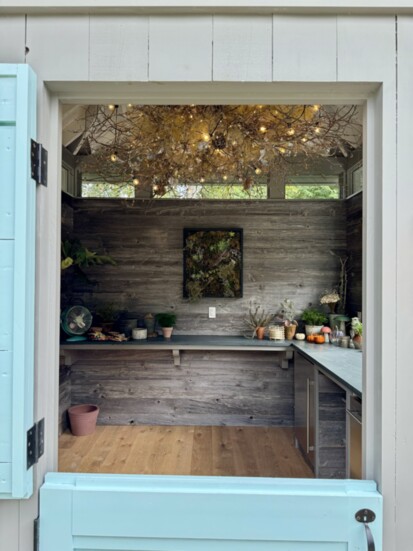 A chandelier installed in a Westport homeowner's potting shed / pool house