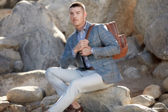 Business casual! Navy aqua texture plaid jacket, light grey stretch cotton chino, grey stretch shirt & cognac leather backpack.