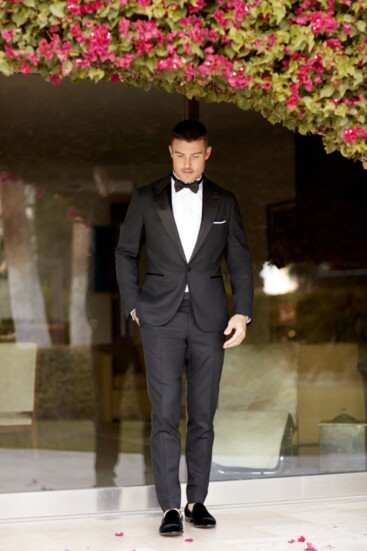 Wedding day! Black Italian tuxedo, white fine pique formal shirt, satin bow tie, black velvet shoes.