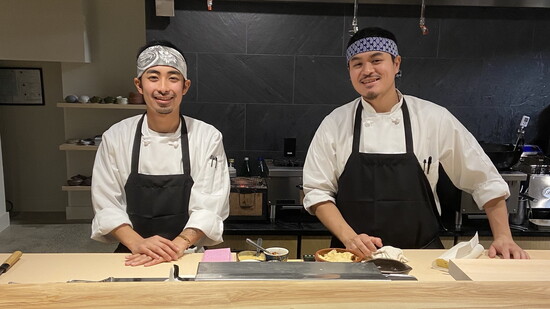 Reo and Chef Bounahra at the sushi counter in Miyake shortly after reopening post-COVID in 2022.
