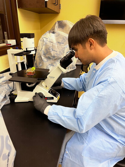 Jeovani Carillo checking on the health of his cultured mouse fibroblast cells.