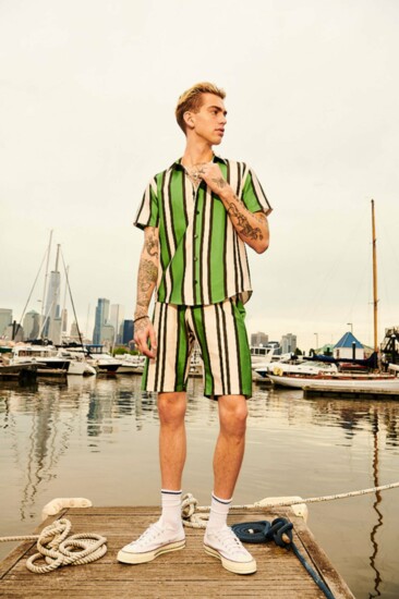 Striped Cabana shirt and shorts, summer 2022 collection. (Photo: Shane LaVancher)