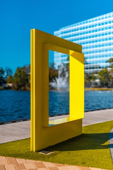 The Woodlands Wind-O overlooking Lake Woodlands is one of 24 art benches commissioned by The Woodlands Arts Council.