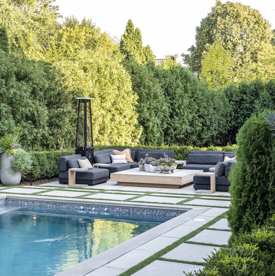 A multi-piece sectional creates flexible seating.