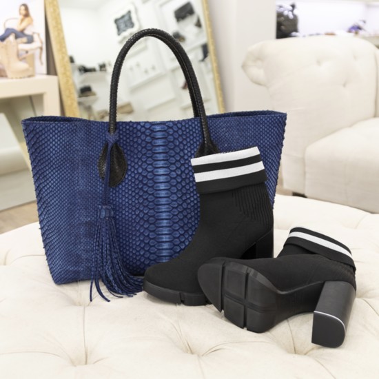 The sporty Julia Black Fold Platform Bootie matches perfectly with the Emma Blue Tote.