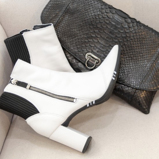 Lucia White Pointy Block Heel Booties and the Larisa Envelope Black Clutch