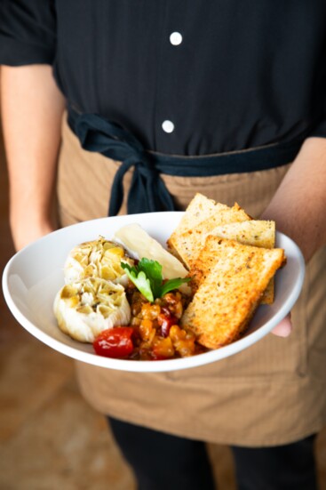 Roasted Garlic, Tomato Raisin Chutney, Brie, Parmesan Crisps