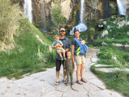 The writer with her husband Casey DeFrates and children Malcolm, Hunter, and Cadence at Rifle Falls.