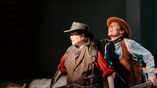 DHS Alums Selena Trujillo as Andrew Hall and Rebecca Thurston as Billy Hawkins in Merely Players' 2021 production of MEN ON BOATS