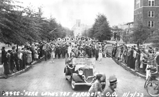 Crowds turn out for the OU Band at a parade dated Nov. 4, 1933.