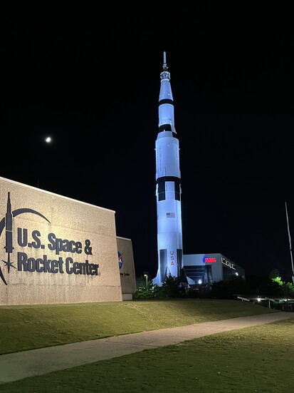 Saturn V at night at Space Camp