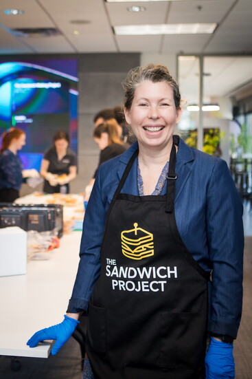 Stephanie Merling, from The Sandwich Project, was on hand at The Haskell Group to oversee the sandwich making process.