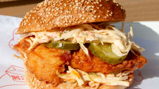 A hot honey chicken sandwich from Lyfe Cafe, fried in Zero Acre Farms oil.