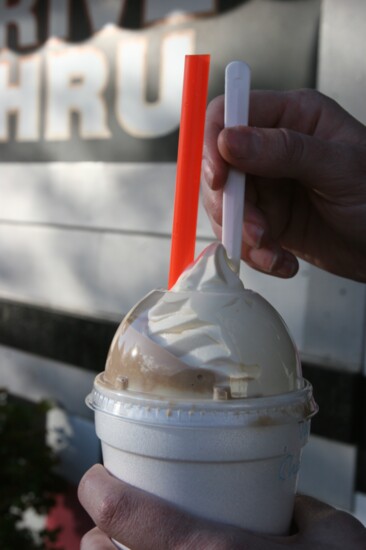 Fanci Freez's famous Boston Shake: a shake with a sundae on top.