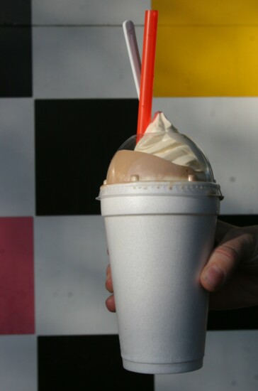 Fanci Freez's famous Boston Shake: a shake with a sundae on top.