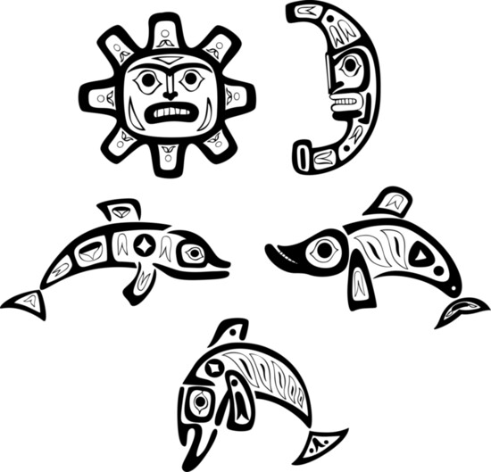 Native indian shoshone tribal drawings. Fish, sun, moon.