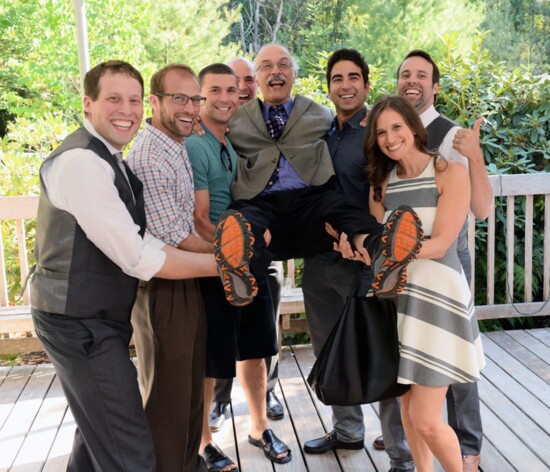 From L to R: David Gelb, Michael Berkenwald, Daniel Shapiro, Elan Shapiro, Cantor Kurland, Evan Bernstein, Lauren Bernstein, Aaron Gelb (Photo by Talby Gelb)