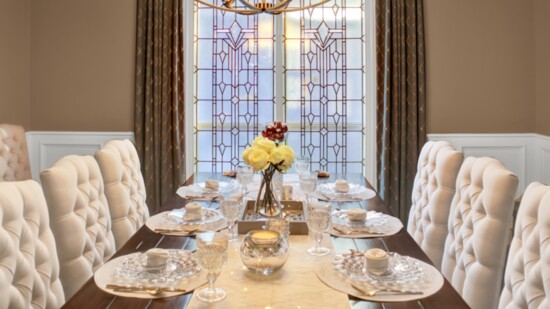 The Kelley family home dining room window is a pretty focal point and provides privacy.