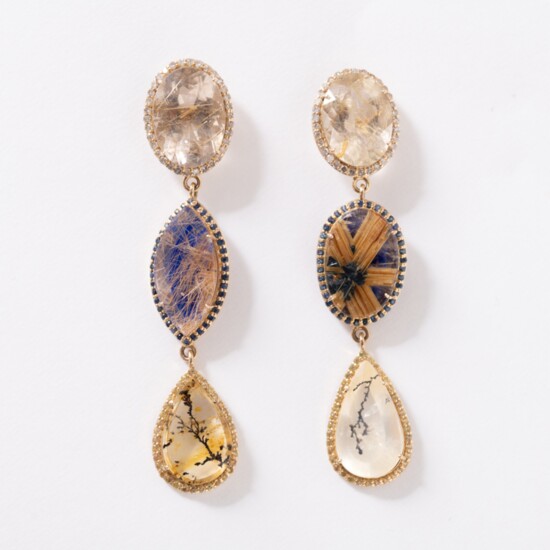 BLOOM Rutilated Quartz with Lapis Backing and Dendritic Agate Earrings - $4,800