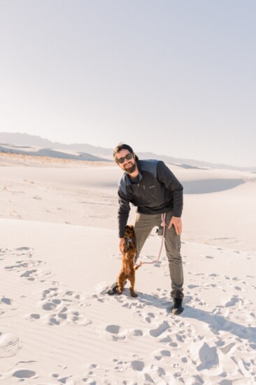 White Sands, New Mexico. Cameron with our puppy Kai.