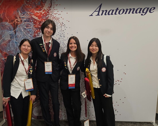 Students Sophie Chen, Adrian Malic, Sophie Jensen, and Kayla Fu at the Anatomage Tournament in Ontario, Canada.
